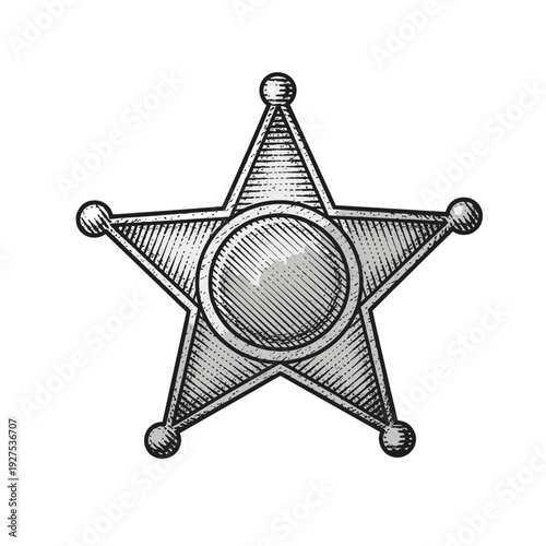 Faded vintage sheriff badge with star design isolated on white background, featuring intricate line details and classic monochrome style