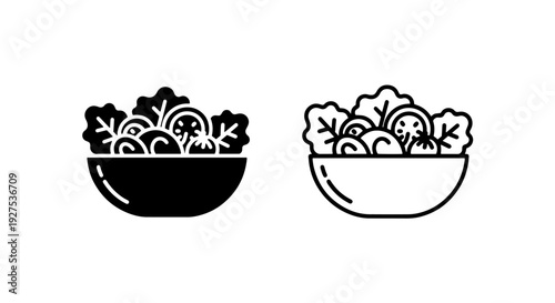 Salad bowl with lettuce and cucumber icons, black and white outline vector illustration