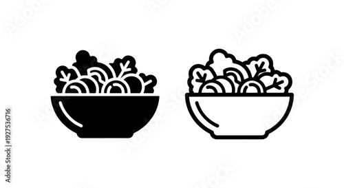 Salad bowl with leaves and sliced ingredients icons, black and white outline vector illustration