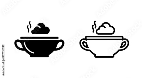 Hot soup bowl with steam icons, black and white outline vector illustration
