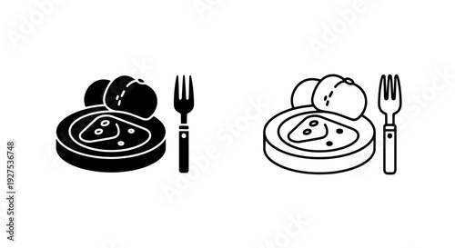 Vector Icons: Black and White Plate of Scrambled Eggs with Fork