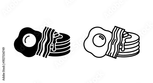 Vector Icons: Black and White Stacked Pancakes with Bacon and Fried Egg