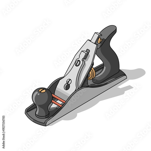 Illustration of a traditional jack plane tool isolated on a white background, showcasing detailed metal and wooden elements with subtle shadows