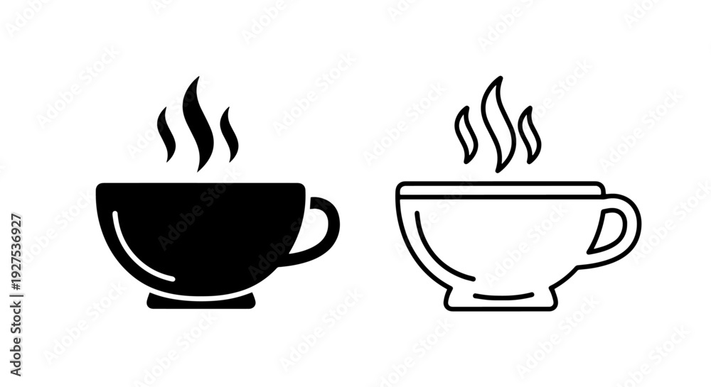 Obraz premium Steaming Hot Beverage Cup Icons: Coffee or Tea Mugs in Solid Black and Outline Style