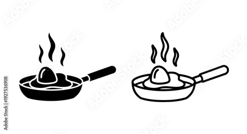 Frying Pan with Egg and Steam Icons: Black Solid and Outline