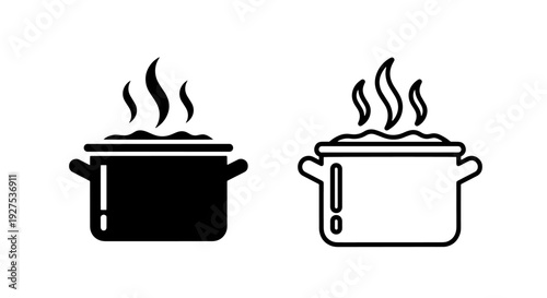 Hot Pot Icon with Steam: Solid Black Silhouette and Outline