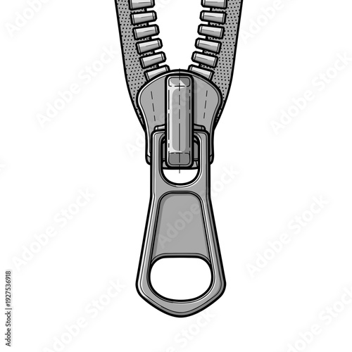 Detailed illustration of a zipper puller isolated on a white background, showcasing metallic texture and design elements