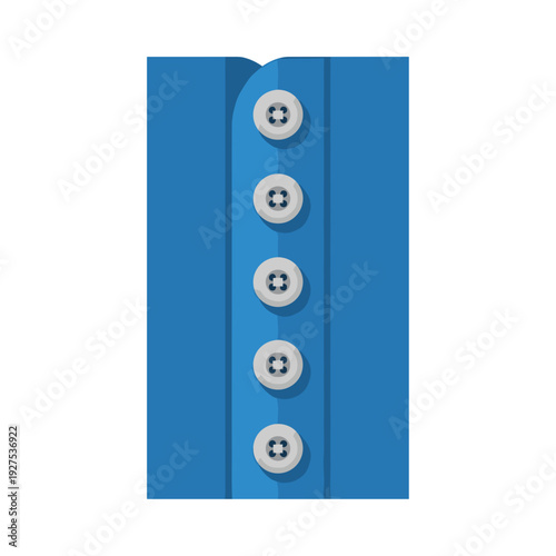 Blue button placket isolated on white background featuring a row of symmetrical buttons and crisp fabric folds