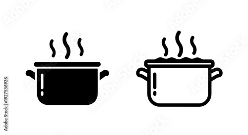 Cooking Pot Icons with Steam: Solid Black and Outline Styles