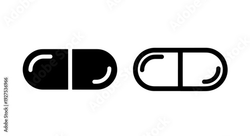Medical Capsule Pill Icon Set: Pharmaceutical Drug in Solid Black and Outline Vector
