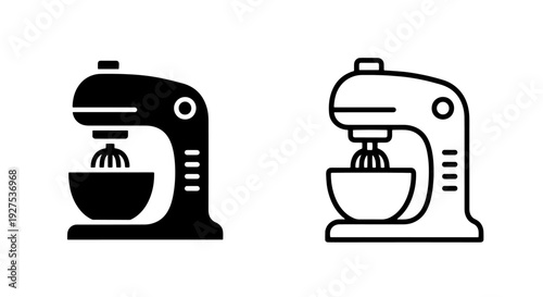 Professional Stand Mixer Icon with Whisk Attachment: Solid Black and Outline Vector
