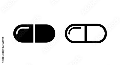 Pharmaceutical Drug Capsule Icon: Health and Medicine Pill in Solid and Outline Vector