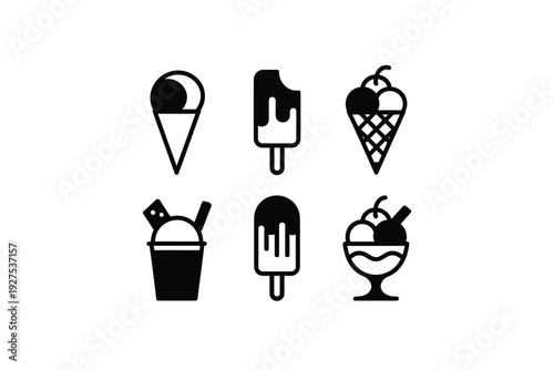Ice cream icon set including various frozen dessert illustrations