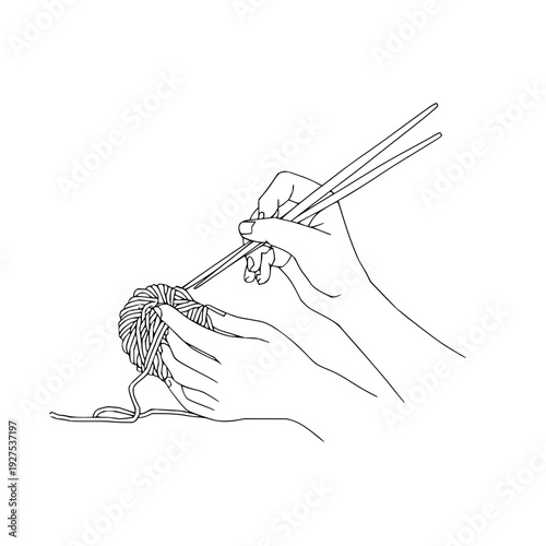 Hands Knitting with Needles and Yarn on White Background