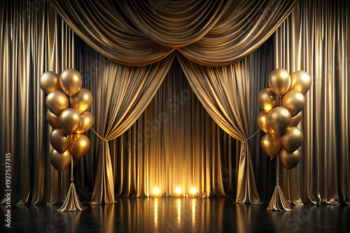Elegant Gold Stage Backdrop with Luxury Silk Curtains, Golden Balloons and Spotlights for Celebration and Performance Background