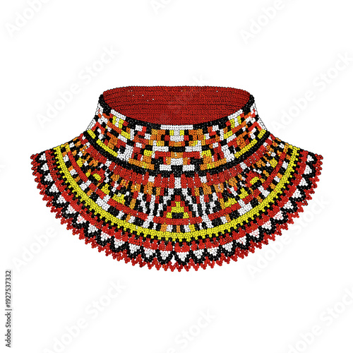 Vibrant beaded collar necklace with intricate geometric patterns, isolated on white background, showcasing bold colors and detailed craftsmanship