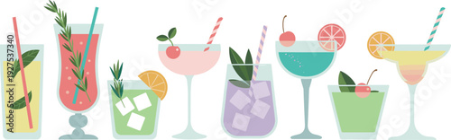 Colorful cocktail collection with fresh fruit garnish, summer drinks, margarita, mojito and elegant beverage glass illustration set