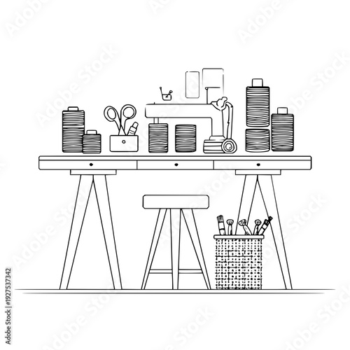 Sewing Machine and Tools on Worktable in Workshop