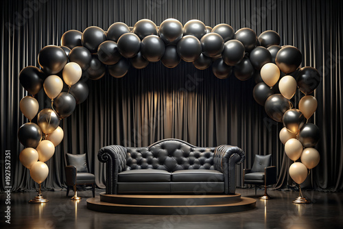 Luxury Black Leather Sofa Stage with Gold and Black Balloon Arch and Silk Curtain Backdrop for Elegant Event Celebration