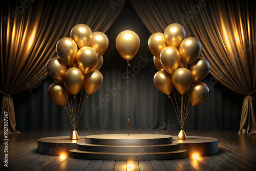 Elegant Gold Balloons on Luxury Stage with Podium and Black Silk Curtain Backdrop – Premium Award and Party Celebration Background