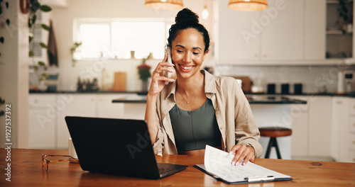 Fotografie Laptop, paper and woman with phone call for remote work, verification and vendor management for contact