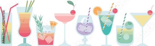 Elegant cocktail set with colorful summer drinks, fruit garnish, martini, margarita and refreshing beverage vector illustration collection