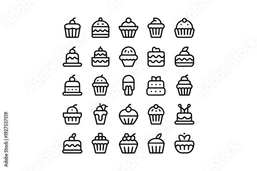 A set of cake icons in a simple line style illustration