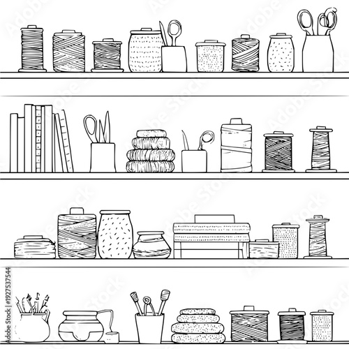Sewing Supplies on Shelves with Threads, Scissors and Fabric