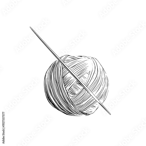 Yarn Ball with Knitting Needle on White Background