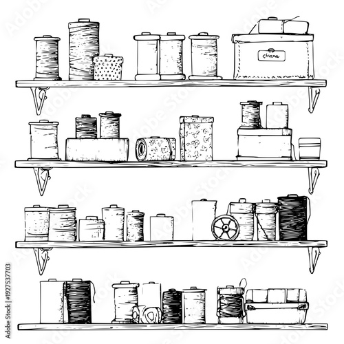 Sewing Thread Spools on Wooden Shelves
