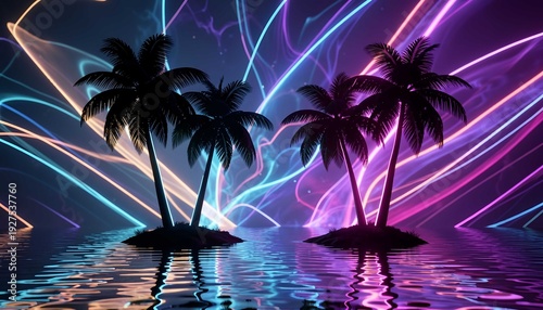 A vibrant synthwave digital art featuring black palm tree silhouette against a futuristic neon background, reflecting 80s retrowave sunset vibes on tropical waters
