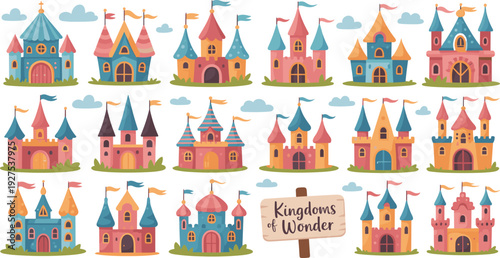 Whimsical fairytale castle collection with colorful fantasy palaces, cartoon medieval towers and Kingdoms of Wonder sign illustration