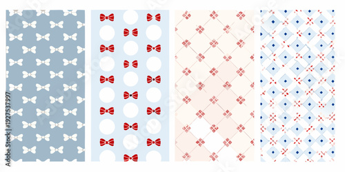 Four seamless patterns featuring bows and diamond shapes in pastel tones