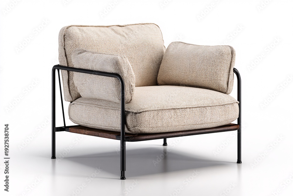 Fototapeta premium Modern Armchair with Textured Fabric and Black Metal Frame, Isolated on White Background