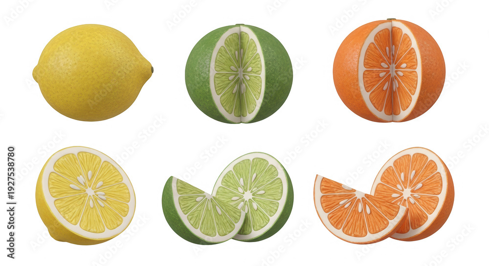 Obraz premium various citrus fruits sliced and whole on a white background suggesting healthy eating and food preparation for recipes