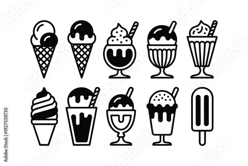 Ice cream vector icons set of various sweet treats and desserts