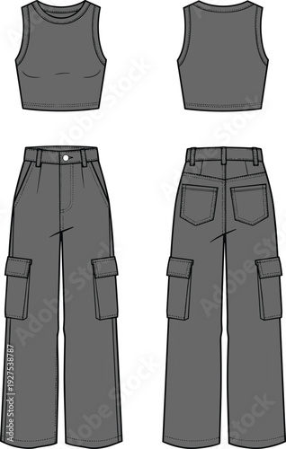 Fashion Technical Flat Sketch of Women Two Piece Set Featuring Cropped Racerback Tank Top and High Waisted Wide Leg Cargo Pants with Pockets Mockup