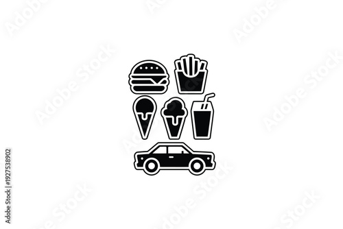 A black and white illustration of fast food icons and a car