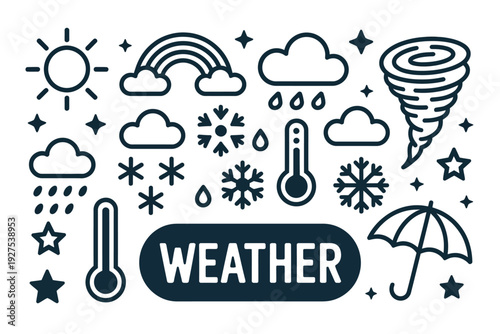 Weather icon set with various meteorological symbols and illustrations