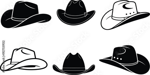 Collection of black and white cowboy hat silhouettes on a white background western hat headwear