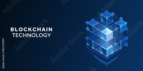 Abstract blockchain network illustration with glowing blue cubic structure