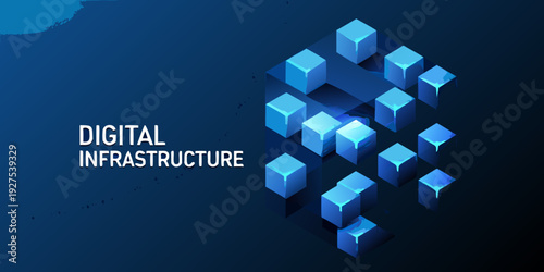 Abstract digital infrastructure concept with glowing blue cubic structures