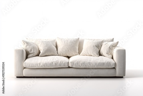 Modern white fabric sectional sofa with cushions in minimalist bright living room interior