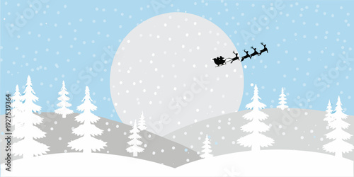 Santa claus and reindeer fly across a winter landscape with the moon
