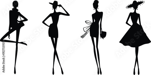 Silhouettes of Fashionable Women in Dresses and Hats on White Background vector illustration