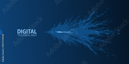 Abstract digital technology burst with flowing particles and blue color scheme