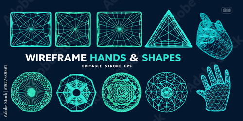 Neon wireframe hands and geometric shapes displayed in a digital composition