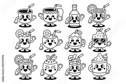 A cartoon illustration of various drinks with smiling faces and straws
