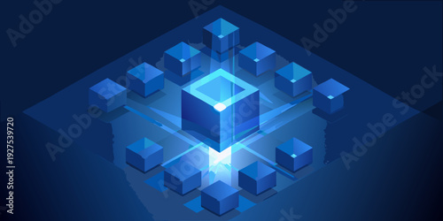 Abstract blue isometric cubes forming a glowing network connection
