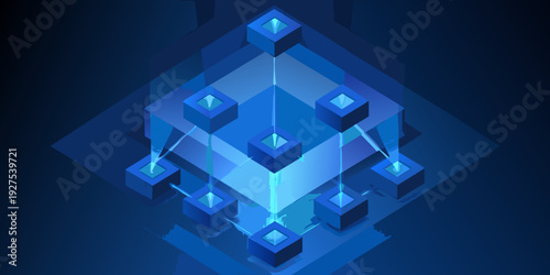 Abstract geometric design featuring illuminated blue cubes and connecting lines